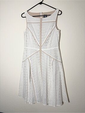 Vince Camuto, beige and white sleeveless eyelet midi dress